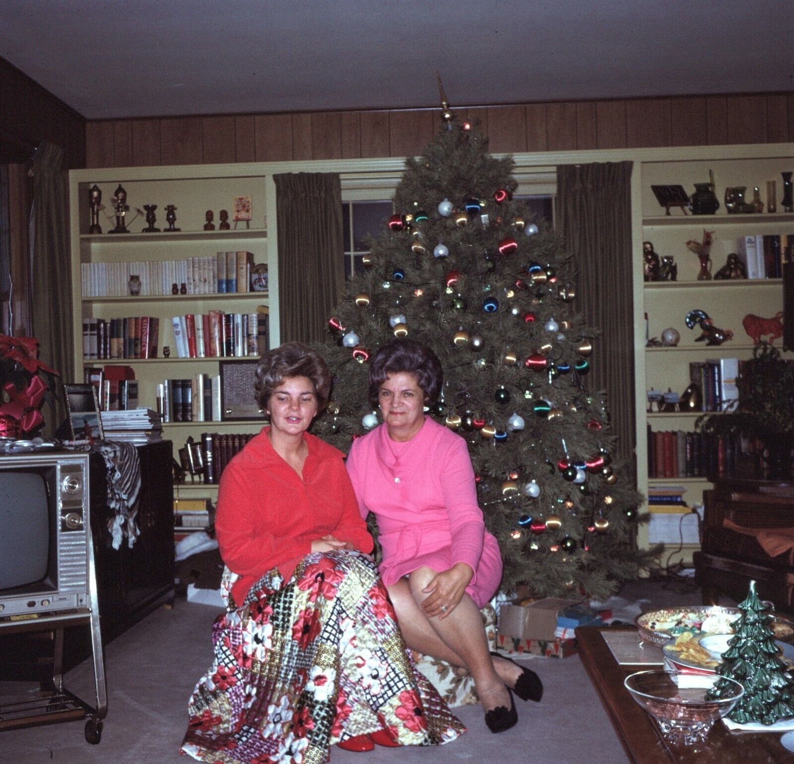 1971 Older Women Sisters Sitting Christmas Tree Vintage 126 Kodachrome Slide 
