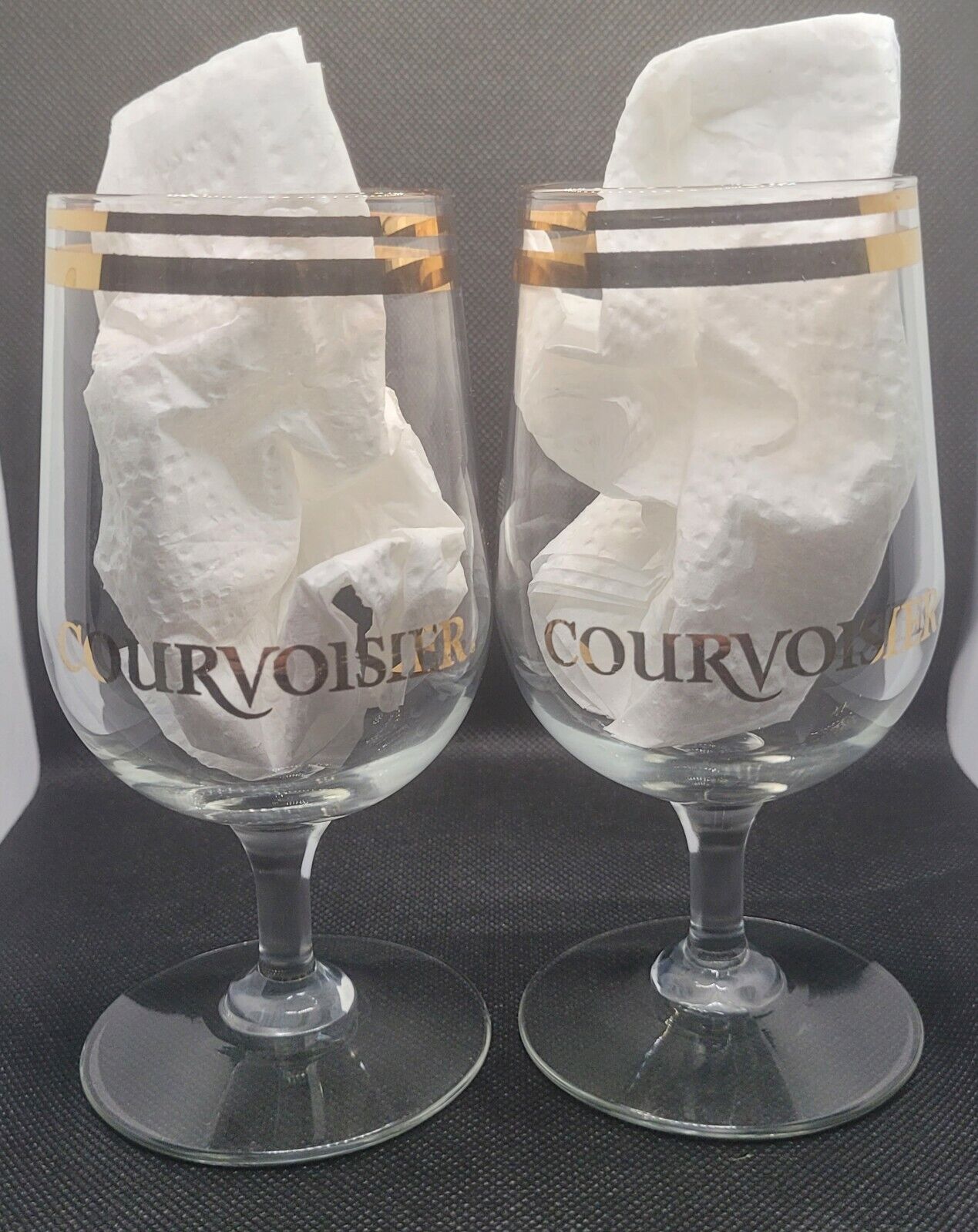 Vintage Courvoisier Le Cognac De Napoleon France Stem Glasses Gold Logo 