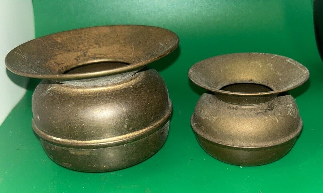 2 Handheld Miniature Spittoons Antique Brass. 3 inch and 2.25 inch. Please Read