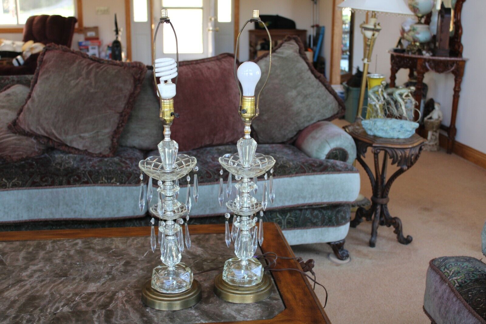 Crystal Tall Cut Glass Vintage Matching Pair Table Lamps 3Way With Hanging Prims