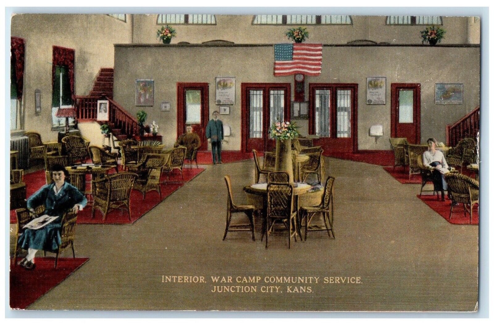c1910 Interior War Camp Community Service Lobby Junction City Kansas KS Postcard