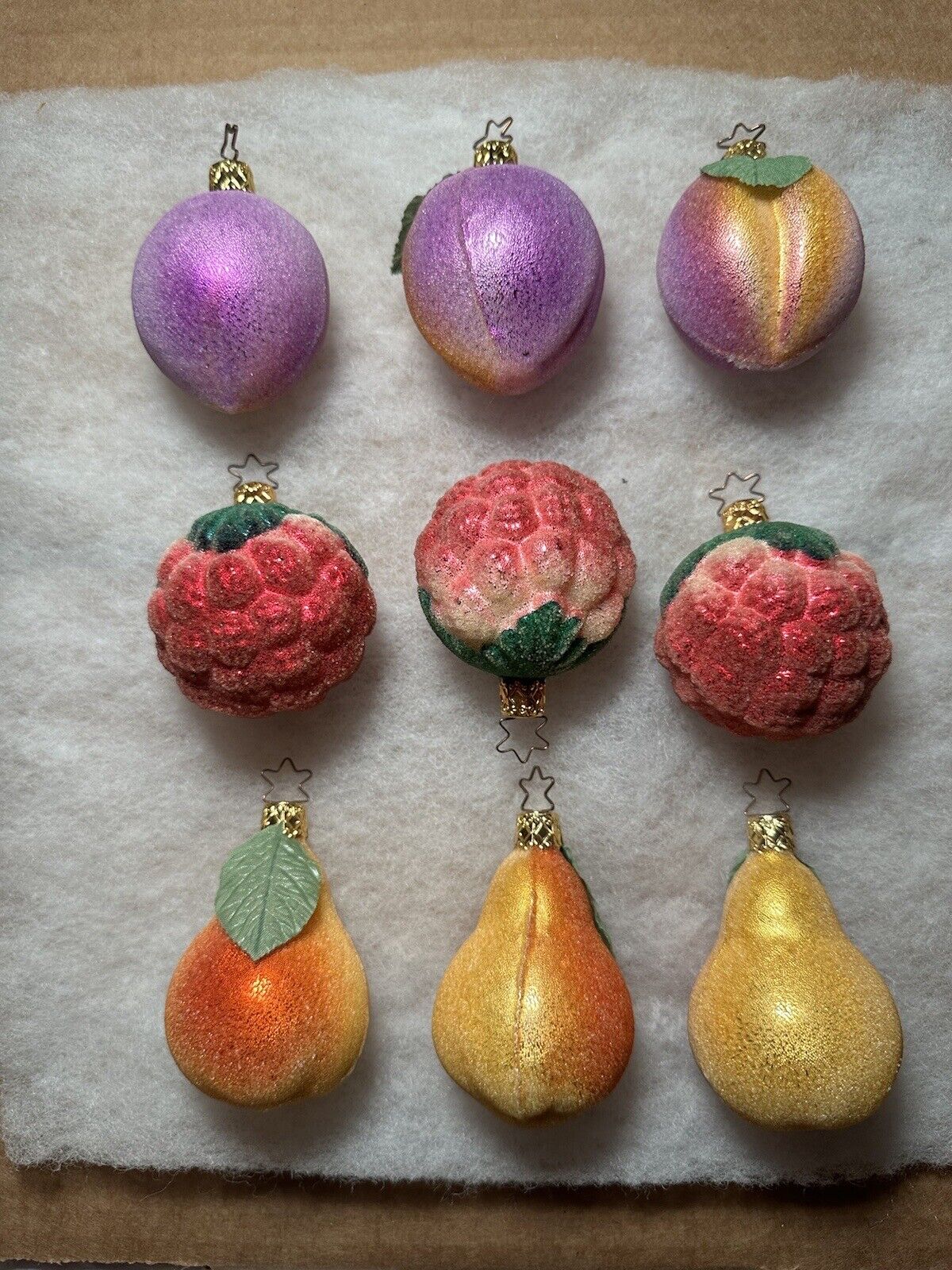 LOT OF 9 Inge Glas - Sugared FRUIT Glass Ornaments w Star Crown PLUM PEAR RASP.