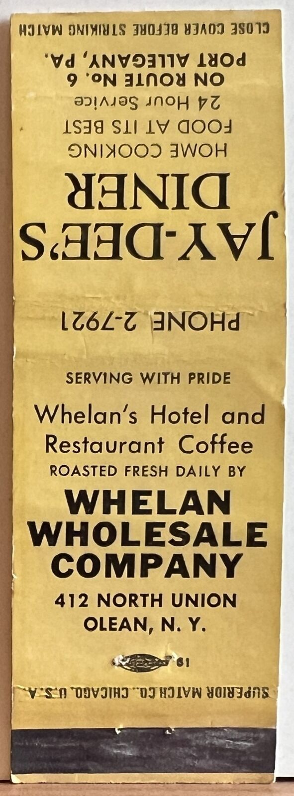 Whelan Wholesale Company Olean NY New York Vintage Matchbook Cover
