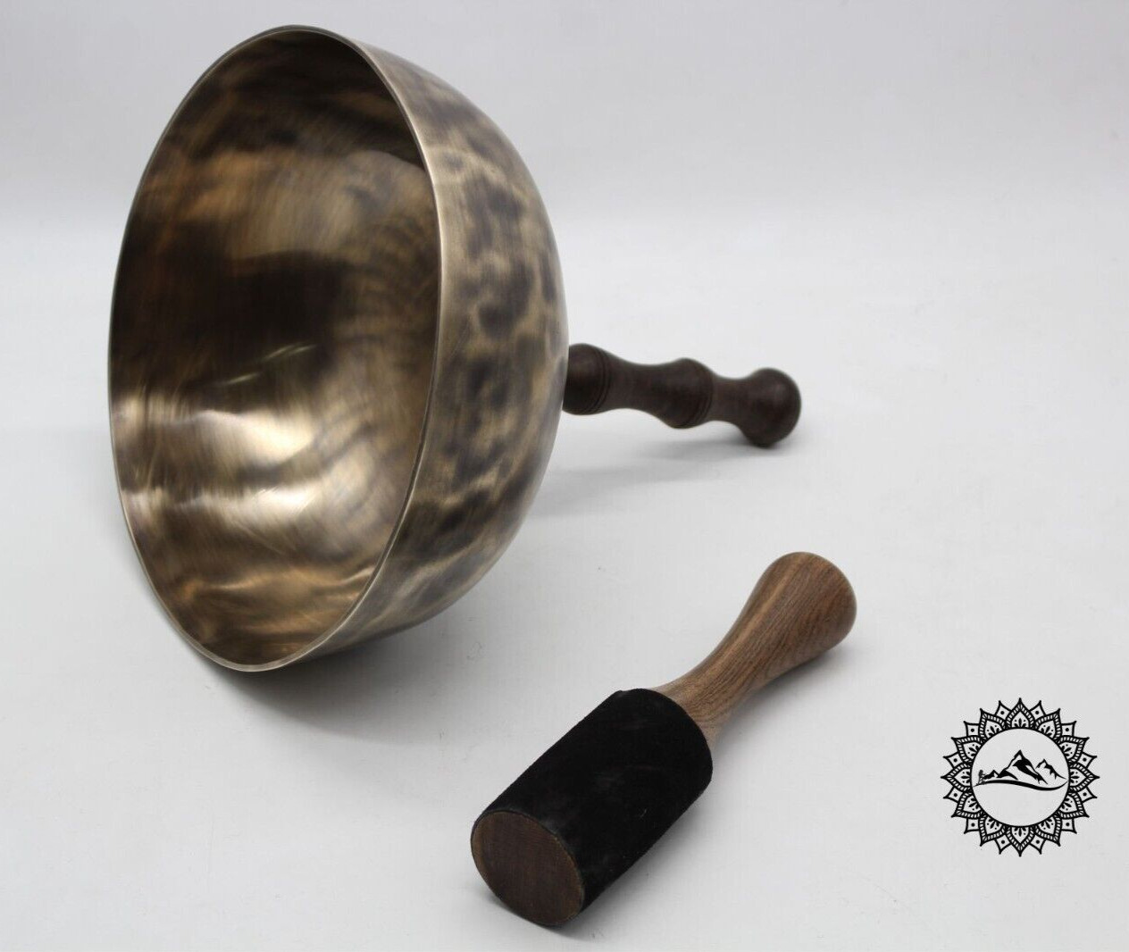 Antique Tiger Eye Design 9 inch Bowl with Handle - Handmade Tibetan Singing Bowl