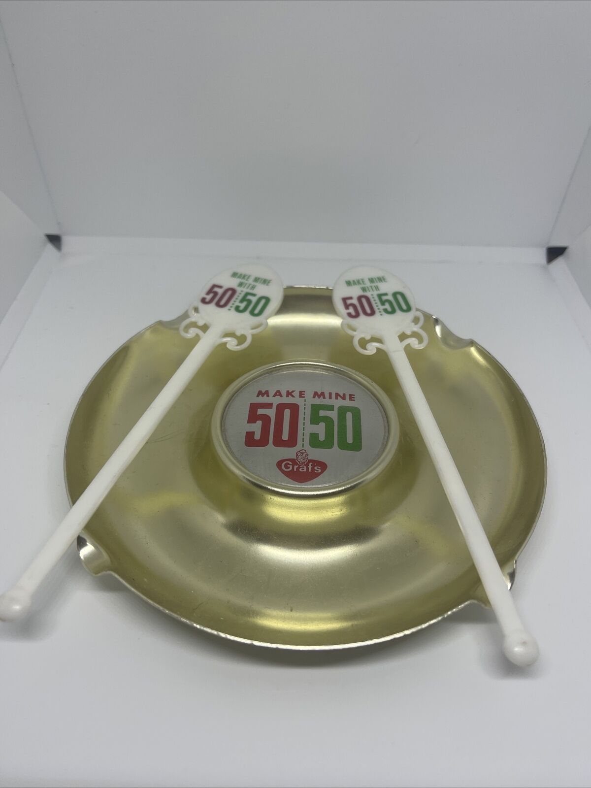Vintage Grafs 50/50 Ashtray Italy Gold Color Metal 5 3/8” With 2 Stir Sticks