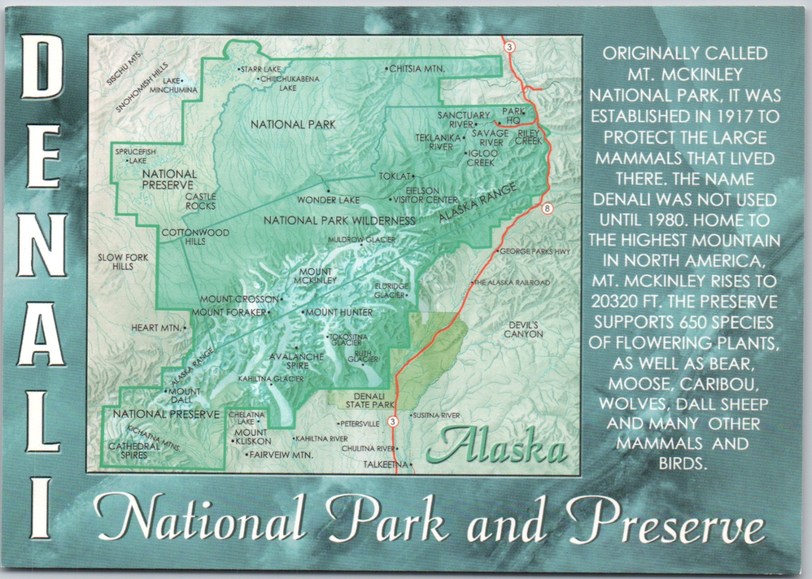 Denali Alaska AK National Park Preserve Map Mount Mckinley USA Vintage Postcard