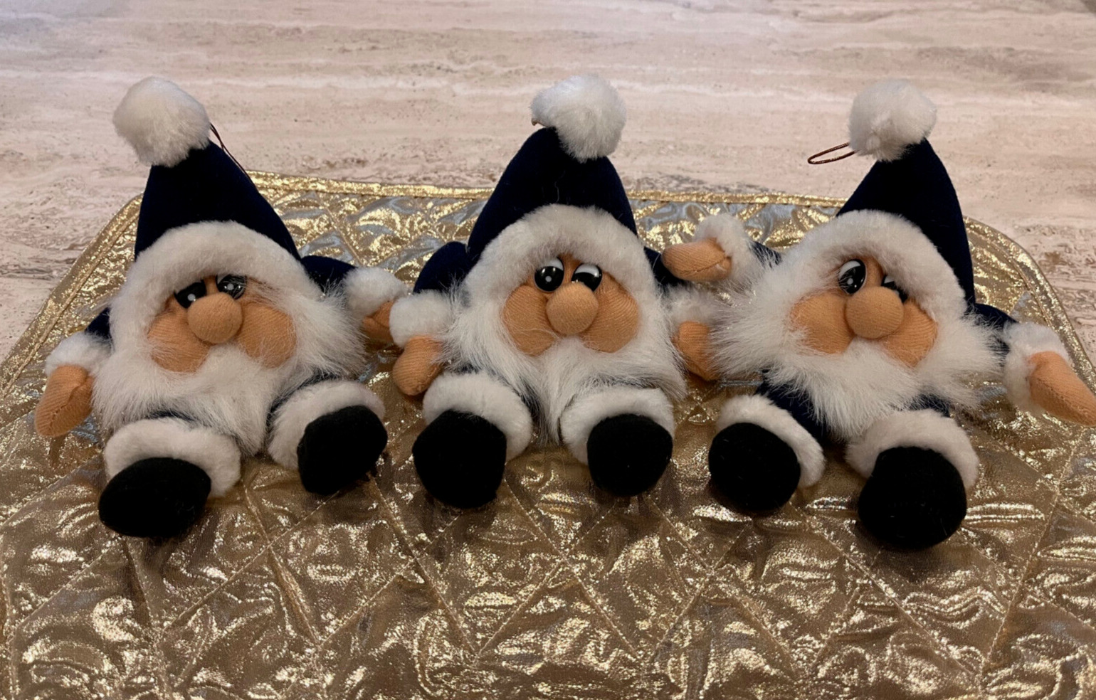 3 German Gnomes Santa Claus Christmas Blue Fabric Approx. 4\