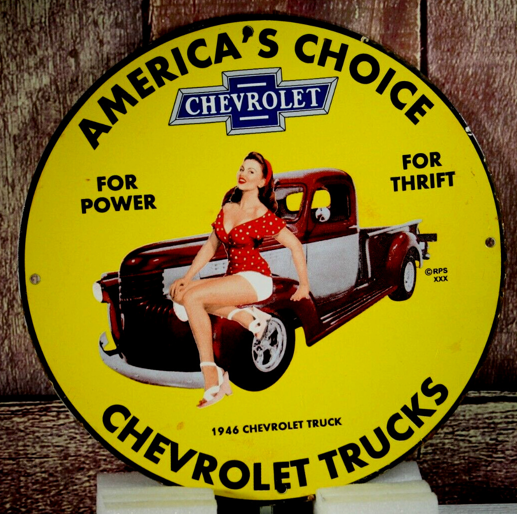 CHEVROLET, AMERICA'S CHOICE 1946 TRUCKS SIGN  PORCELAIN COLLECTIBLE, RUSTIC