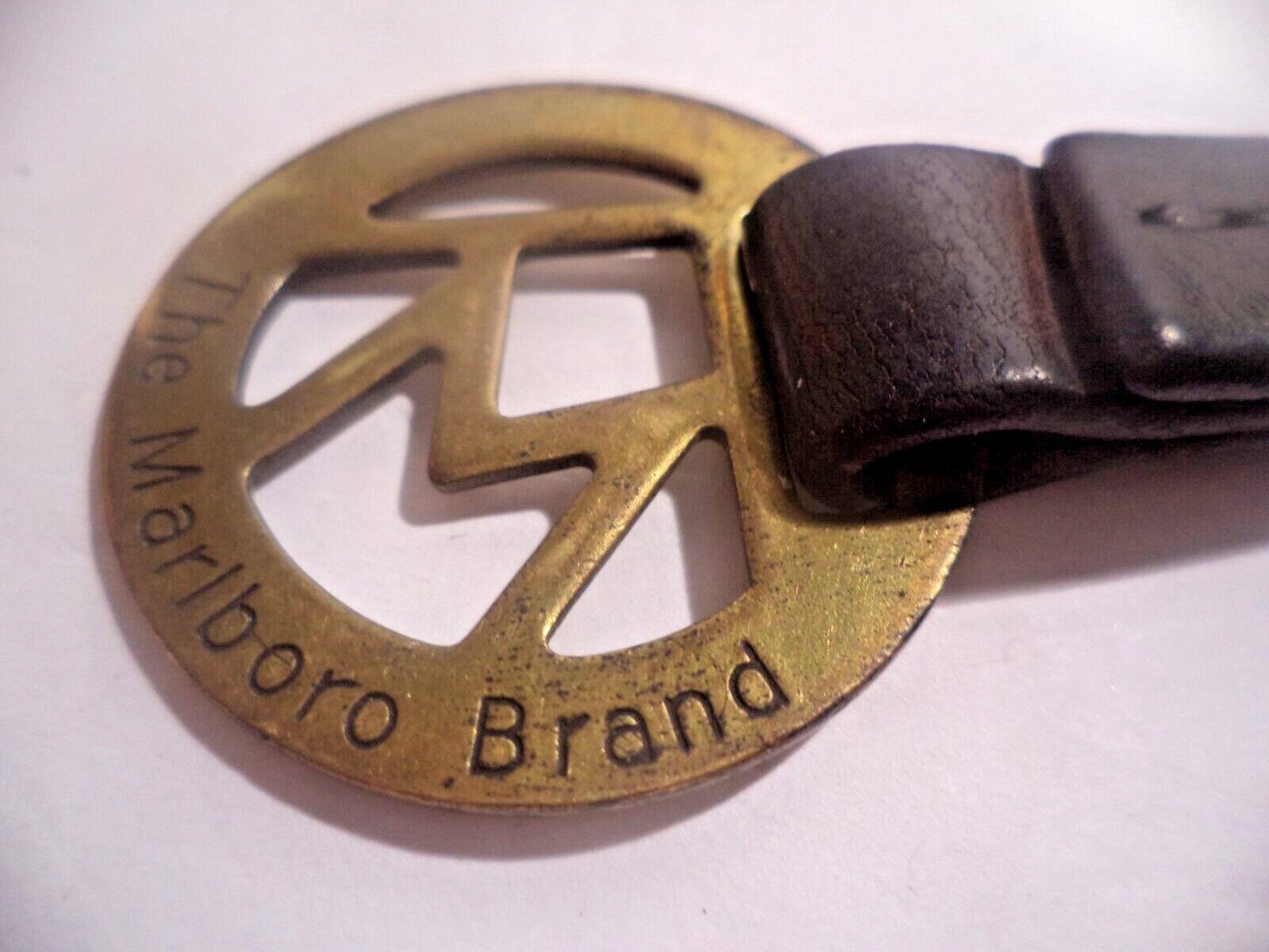 Old Tarnished Brass  Marlboro Logo Keyring  Brown Strap USA world famous brand