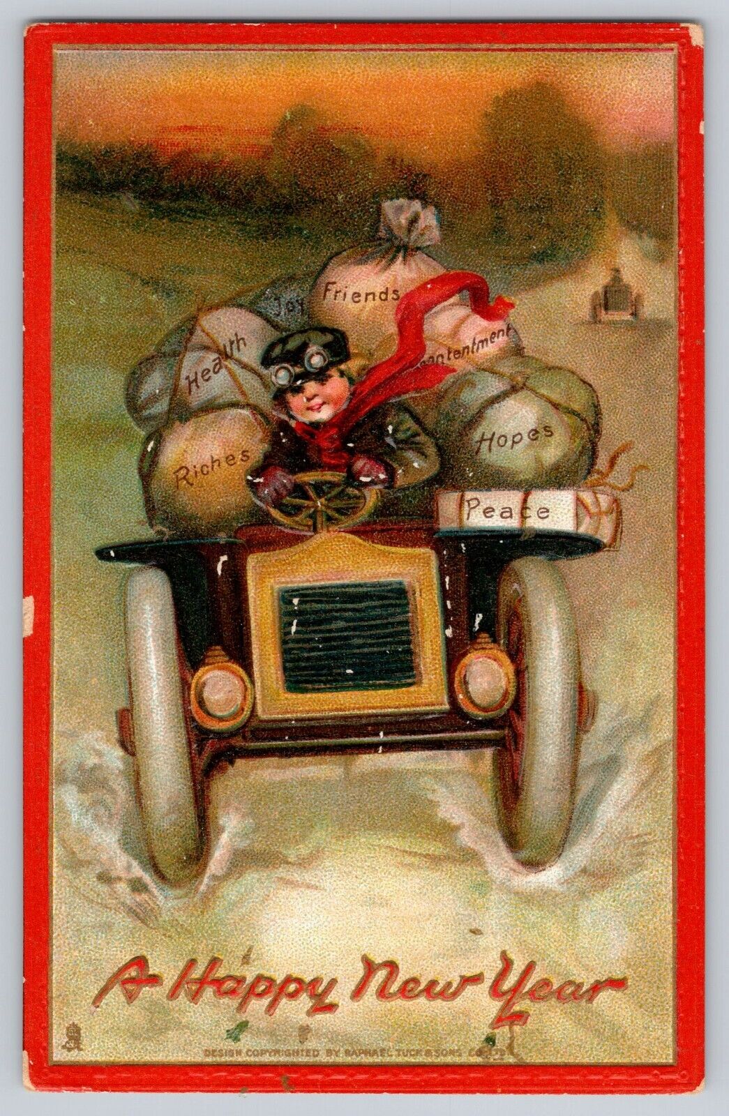 Postcard Tucks Happy New Year Frances Brundage Boy Driving Car Snow Goggles