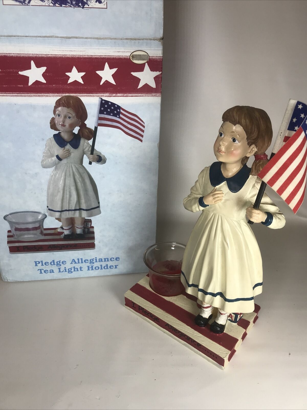 Pledge Allegiance tea light holder girl holding flag Americana Flying Colors