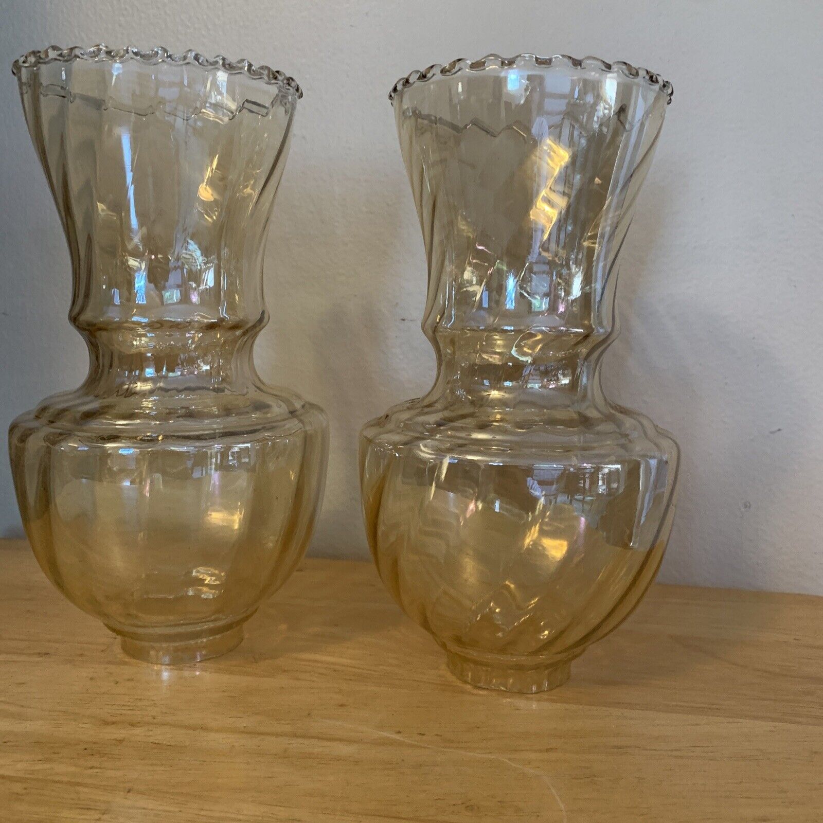 2 Vtg Peach Lustre Hurricane Lamp Shade Sconces  8.5” Tall 1.75”  Swirl Glass