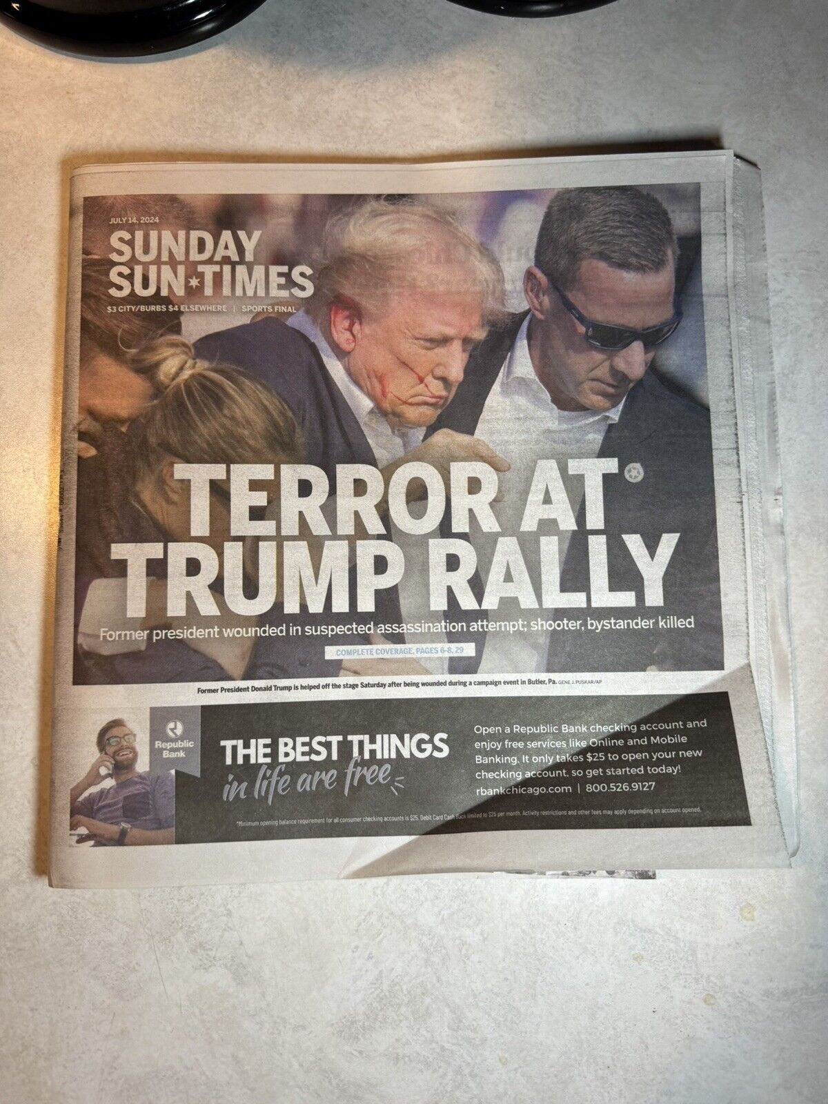 Chicago Sun-Times President Donald Trump Shot Assassination Newspaper 7/14/24