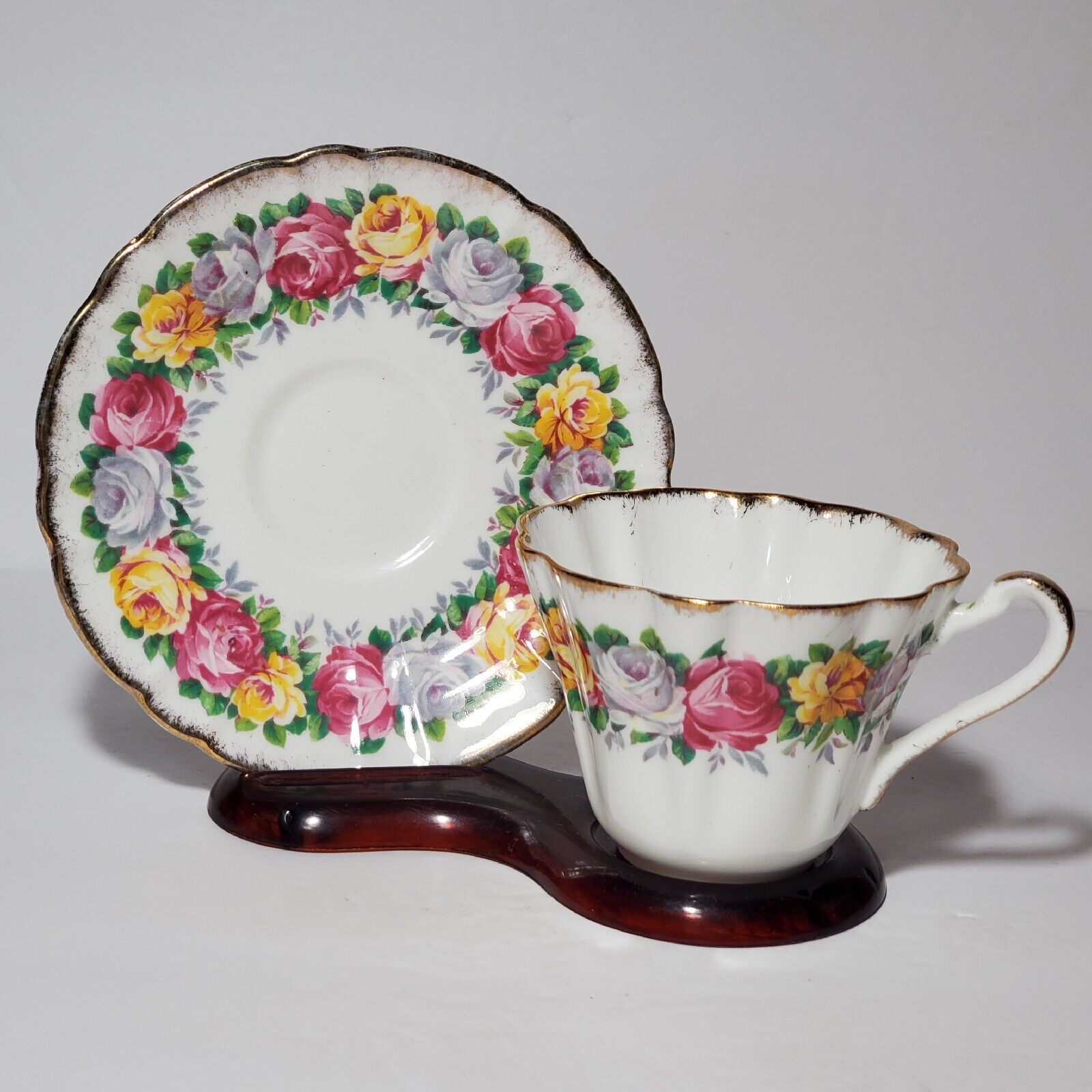 Gladstone Teacup and Saucer Rosemary Floral Pink Yellow Bone China Vintage