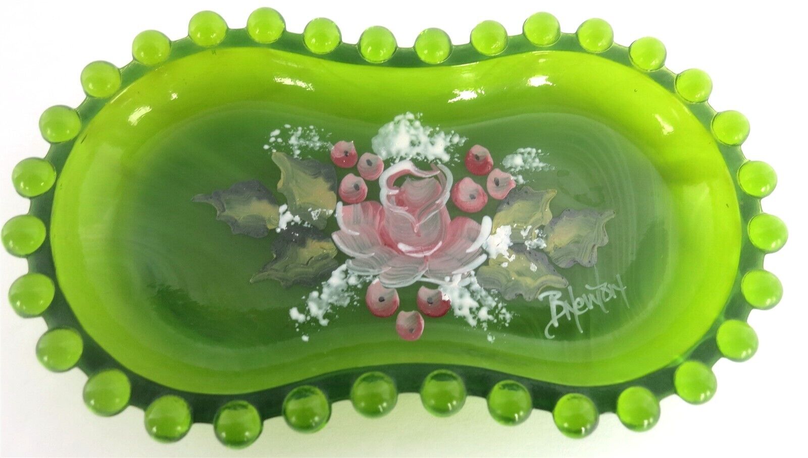 BOYD GLASS CANDLEWICK TRAY OPALESCENT GREEN UV W/ HAND PAINTED FLOWERS 4 LINES
