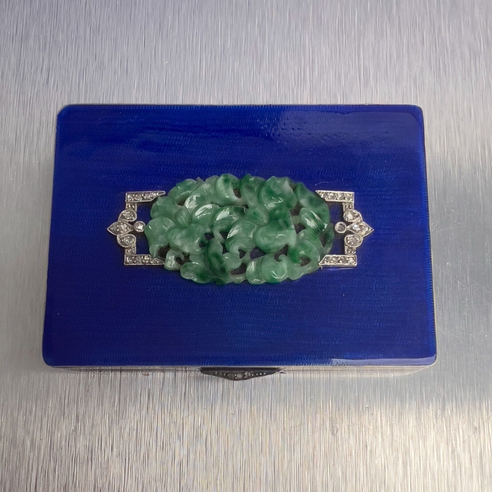 Antique Art Deco 14k / Platinum Jade Blue Enamel Diamond Jade Makeup Compact Box