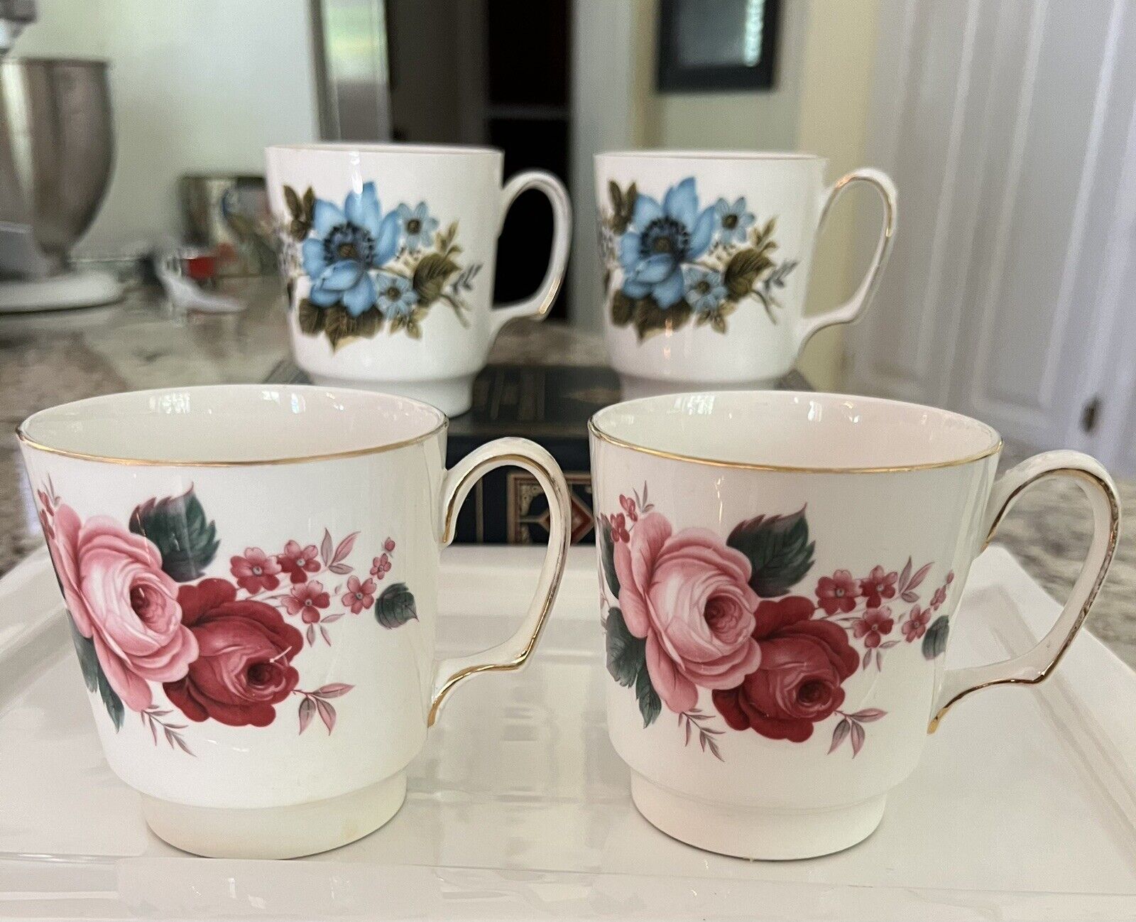 Queen Anne Coffee Tea Cups 4 Floral Pattern Bone China Made in England