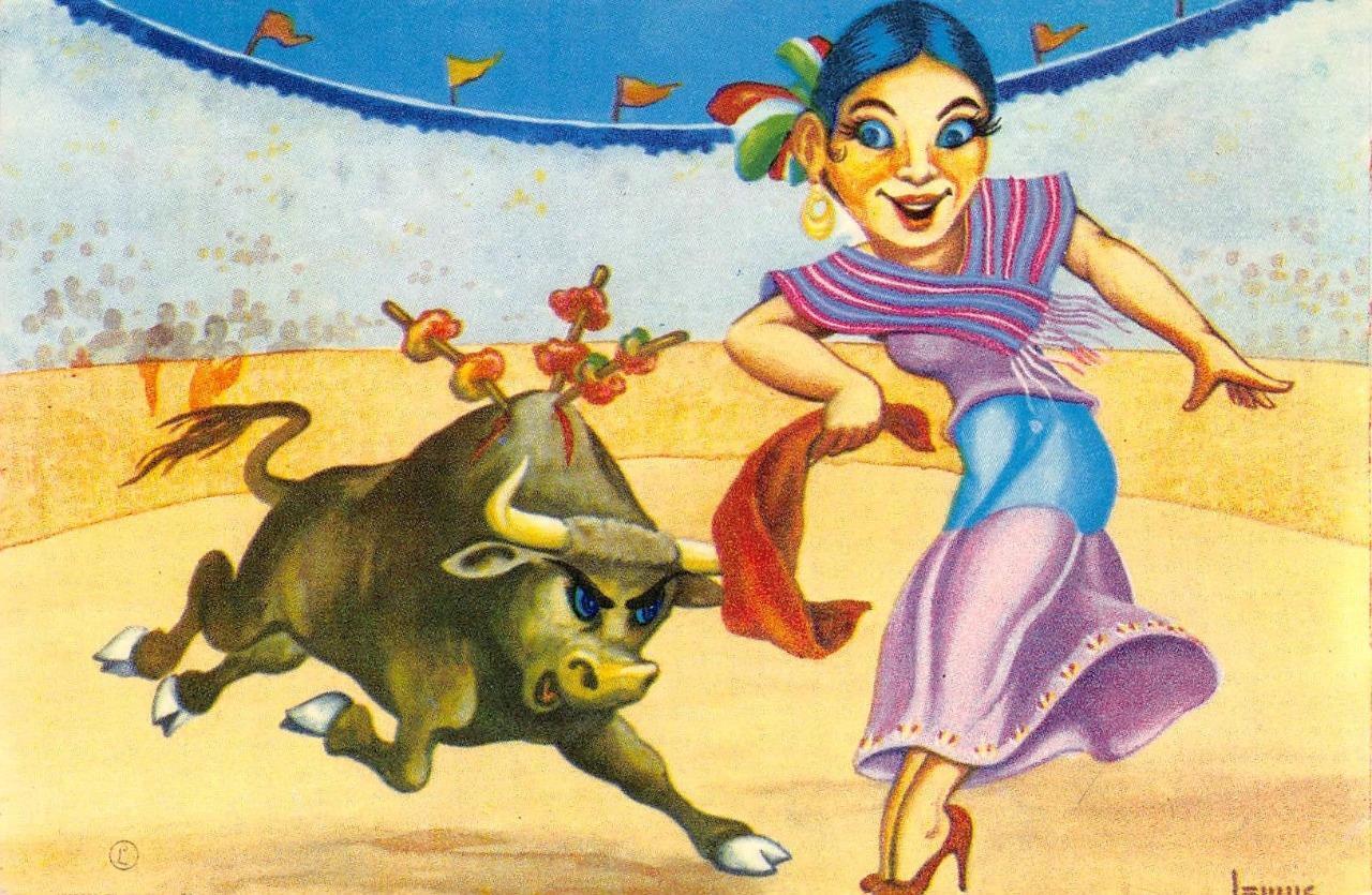 Bullfighter Mexico Art Toreador Woman Artist-Signed c1950s Vintage Postcard