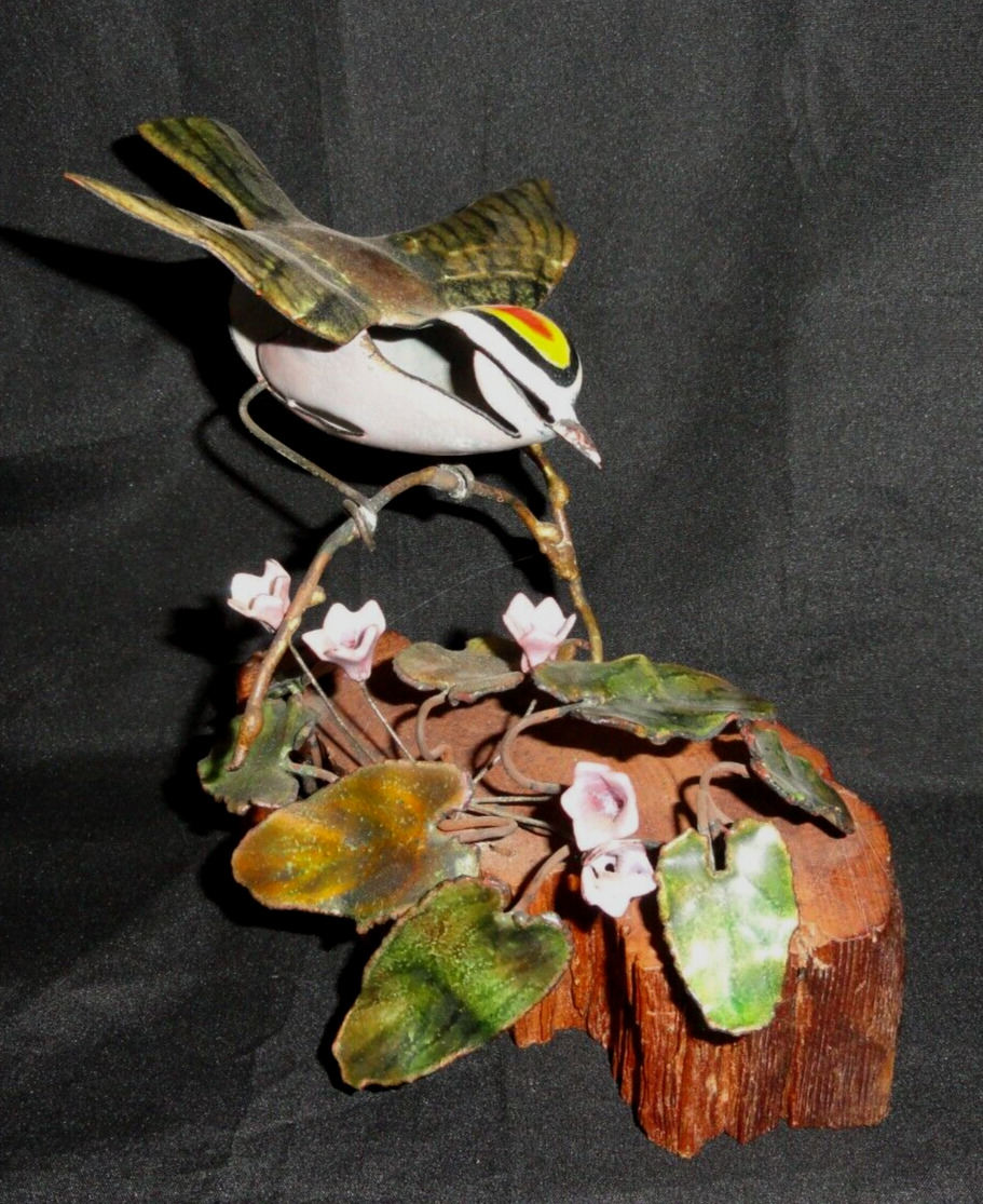 Brumm Enamel on Copper Bird Figurine ~ Sculpture w/Flowers ~ Burl Wood Bas
