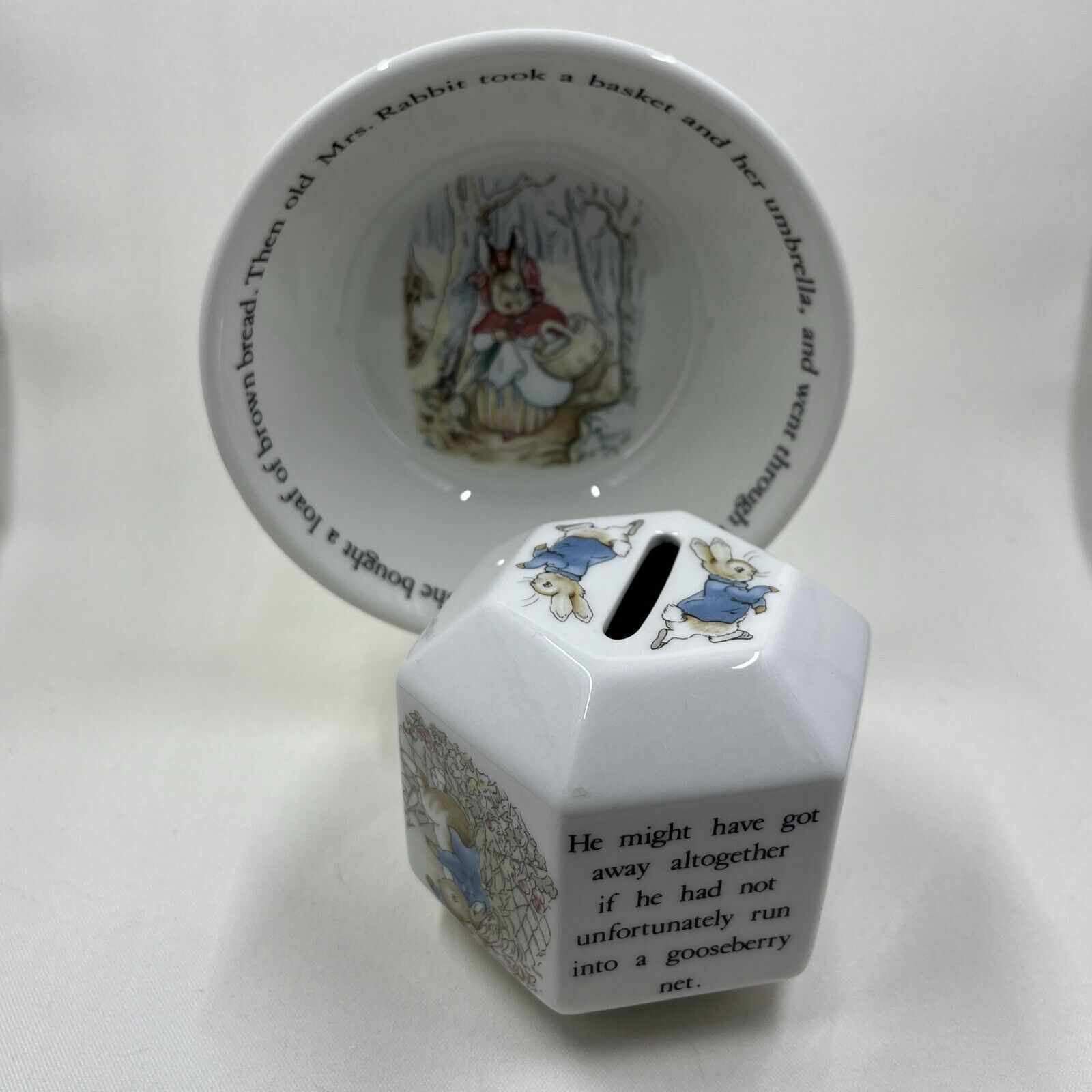 Wedgwood Beatrix Potter Peter Rabbit Set of Coin Bank Collectible and Bowl Nice