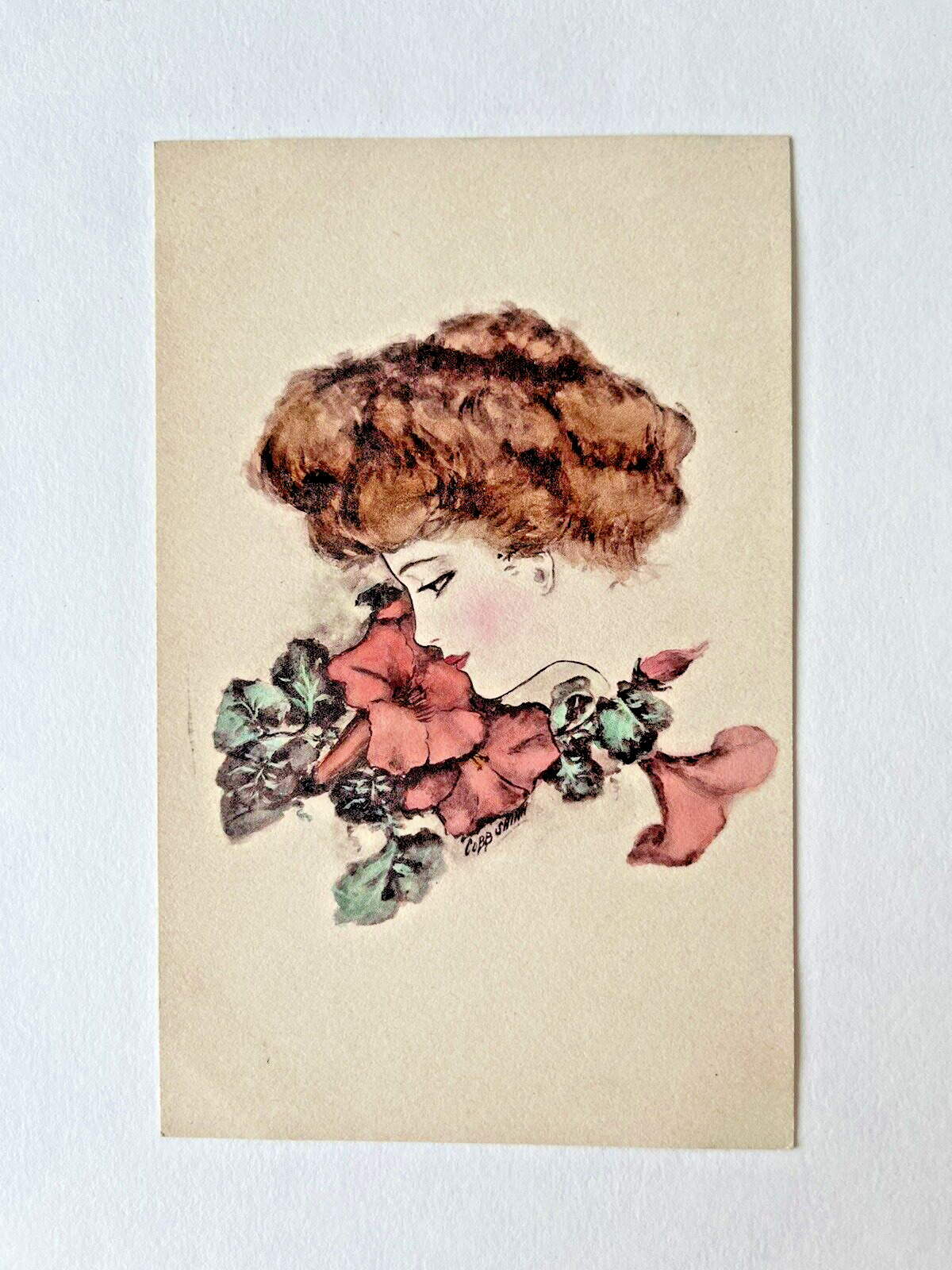 Antique Vintage COBB SHINN Postcard Beautiful Lady Woman 4 O\'Clock Flowers