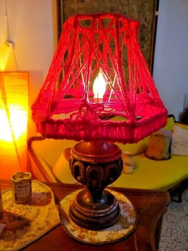 Vintage table lamp made italy carved classic wood with lampshade