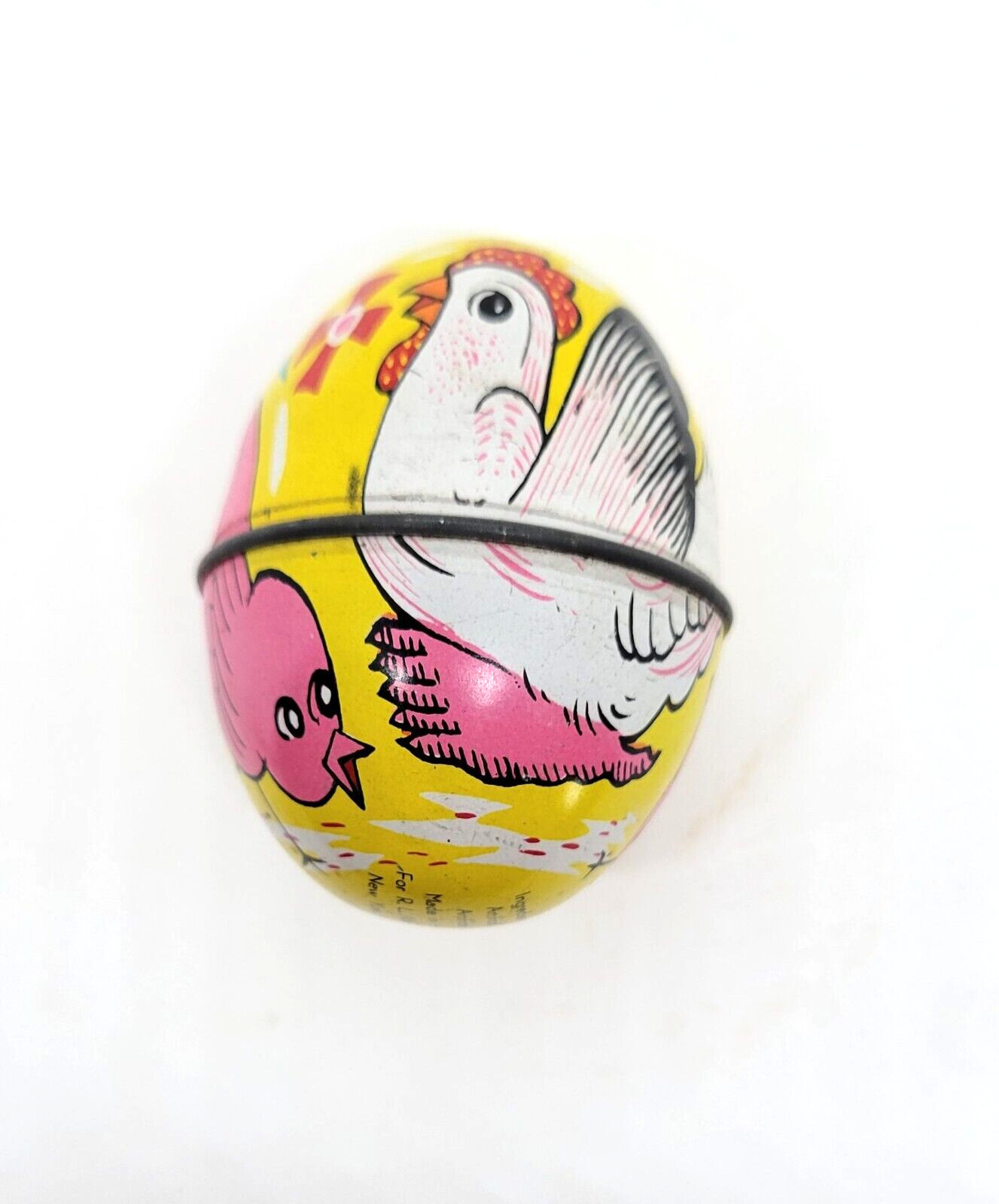 Vintage R. L. Alberts & Son Yellow Tin Egg With Hen & Chicks On It