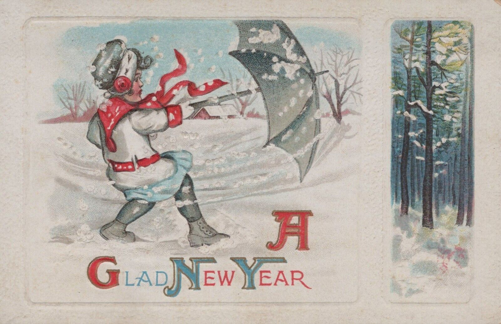 New Year Snow Umbrella Wind Gust Girl Ear Muffs Embossed c1910s postcard H154