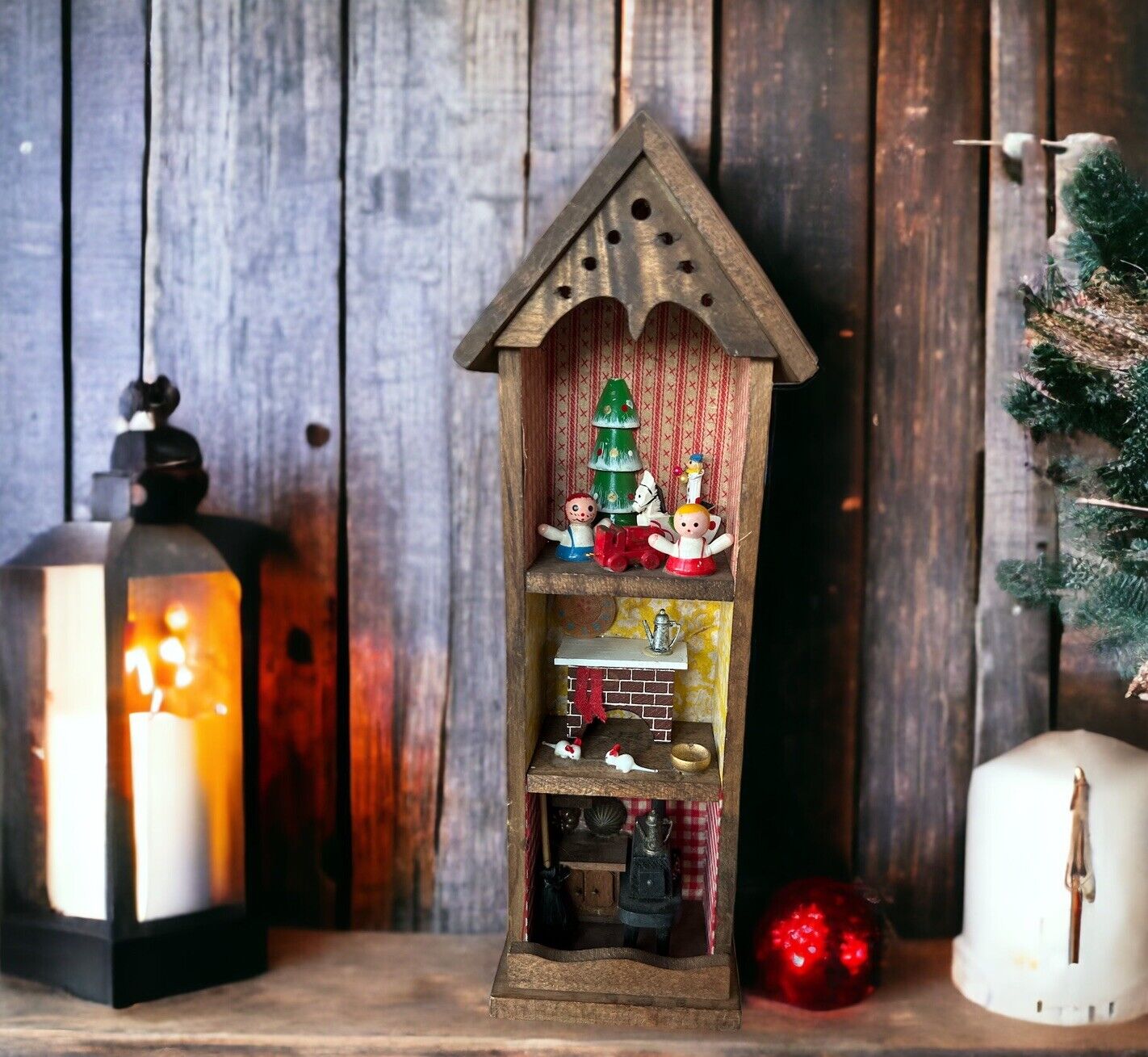Vintage Christmas Holiday House 3 Story Diorama Wooden Shelf Hangable Decoration