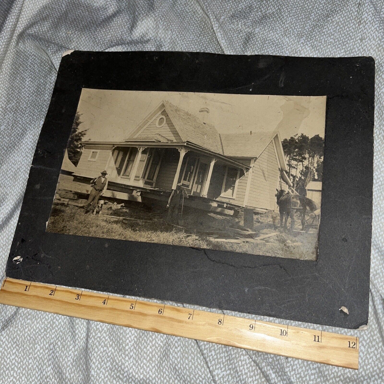 Large Vintage Mounted Photo: House Being Moved Or Foundation Being Replaced
