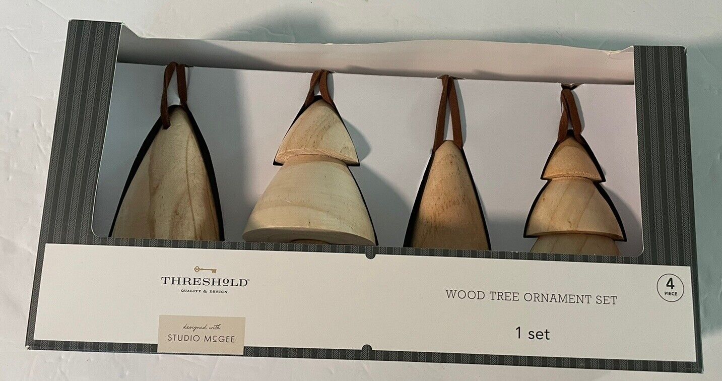 4 Threshold Studio McGee Wood Tree Christmas Ornaments New in Box