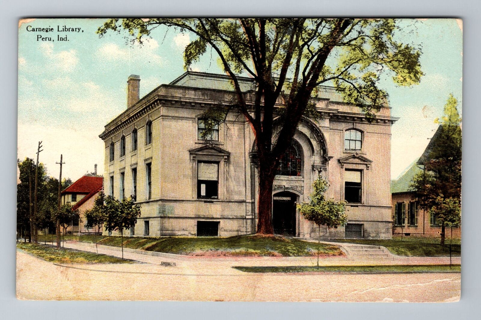 Peru IN-Indiana, Carnegie Library, Building, Exterior, Trees, Vintage Postcard