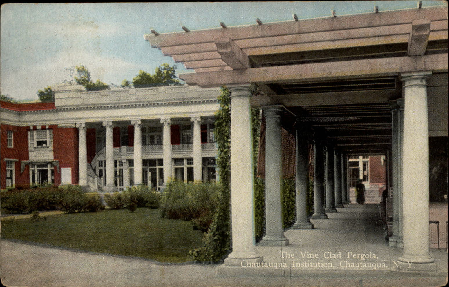 Vine Clad Pergola ~ Chautauqua NY ~ 1909 postcard to AARON NAGEL Tonawanda NY