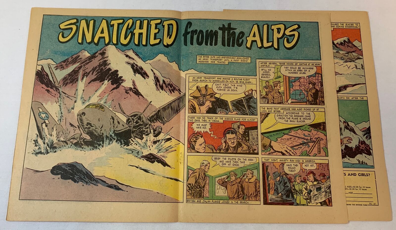 1947 five page cartoon story~ US ARMY TRANSPORT PLANE CRASHES IN THE ALPS
