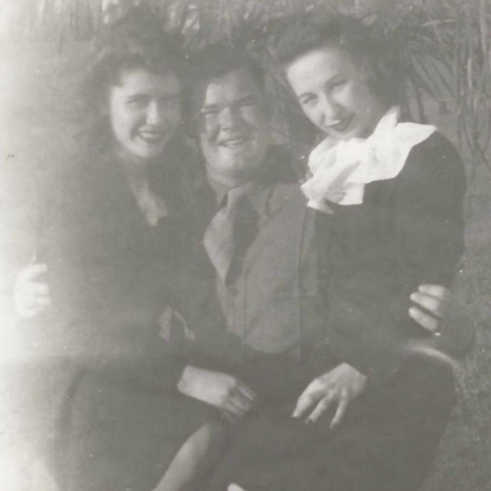 Vintage Snapshot Photo 1940s WWII Era Man In Uniform Two Women Sitting On Lap