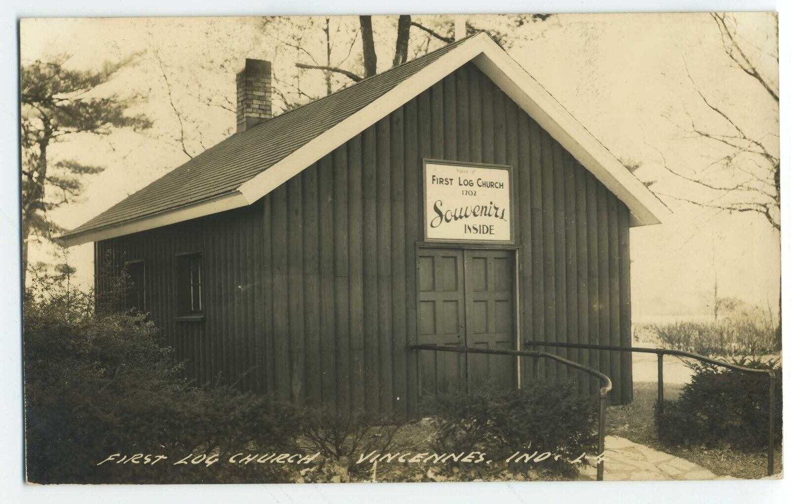 Vintage RPPC First Log Church Vincennes Indiana Souvenir Shop Store postcard A1