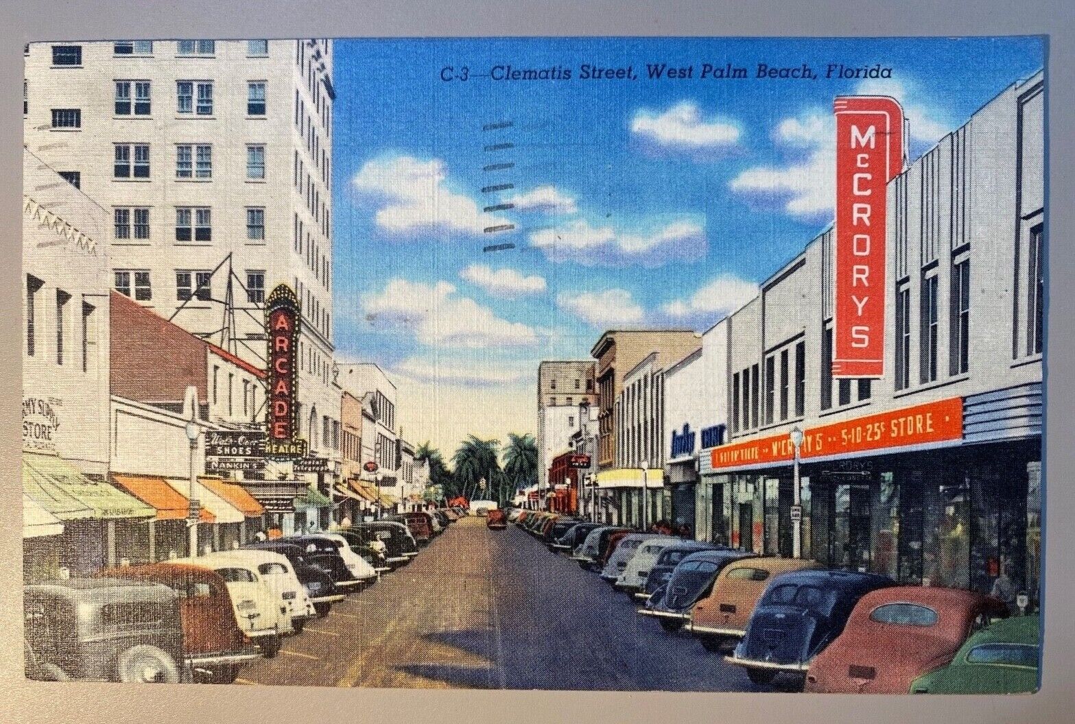 c1947 Clematis Street, West Palm Beach, Florida Vintage Cars Stores Postcard