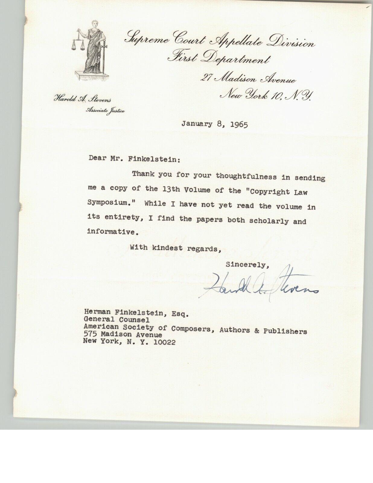 Judge Harold A Stevens Signed Herman Finkelstein Letter Supreme Court ASCAP 1965