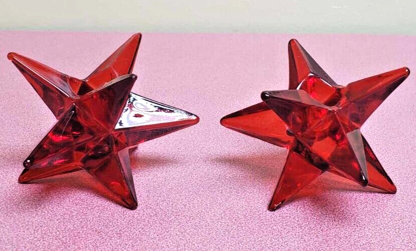 Pair of VINTGE 9-Point Red ROSENTHAL Crystal Glass Star Candle Stick Holders