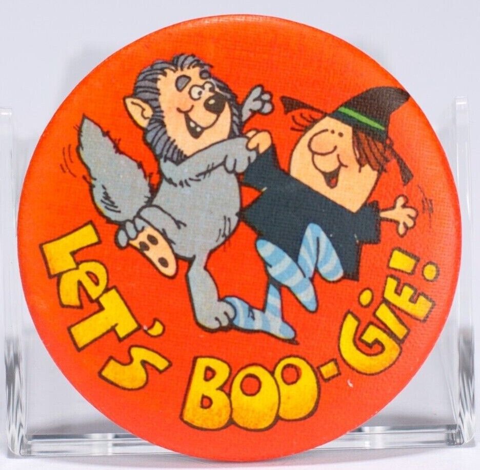 Vintage Halloween Pinback Pin Button 1980 Let\'s Boo-gie Witch Werewolf Hallmark