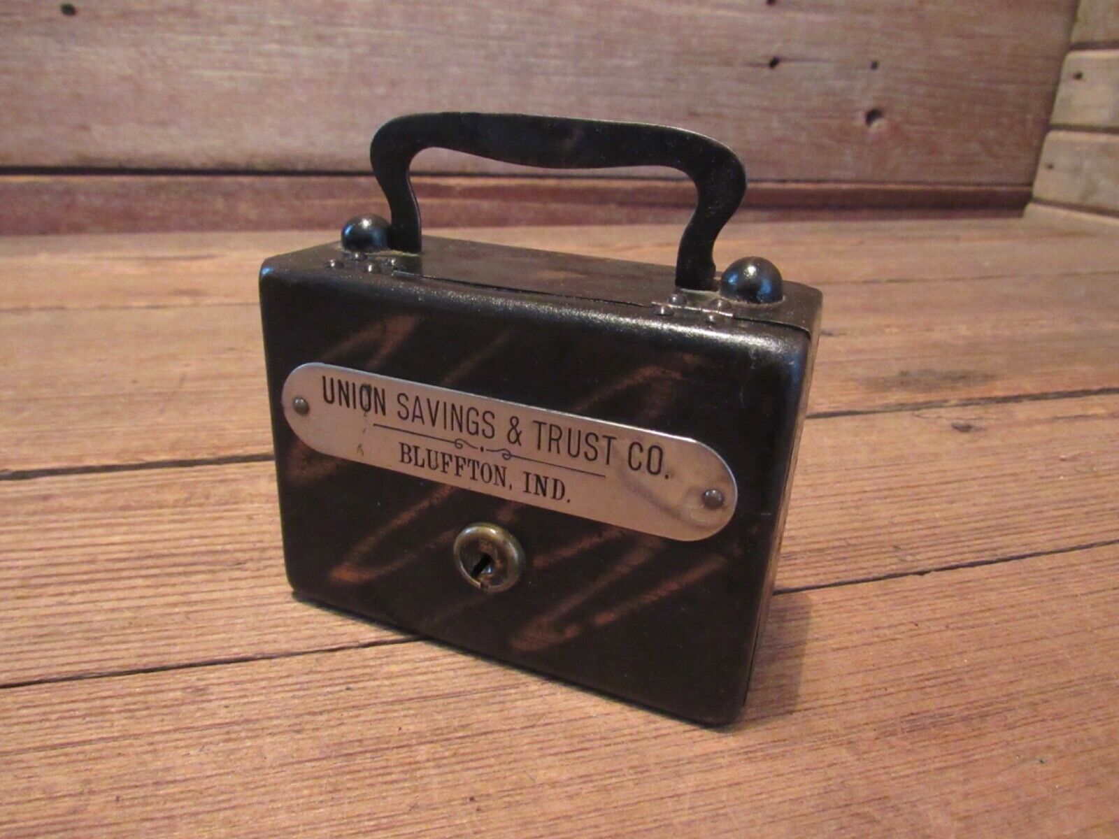 Antique Cast Iron UNION SAVINGS & TRUST CO. Bank Suitcase Handle Hinged