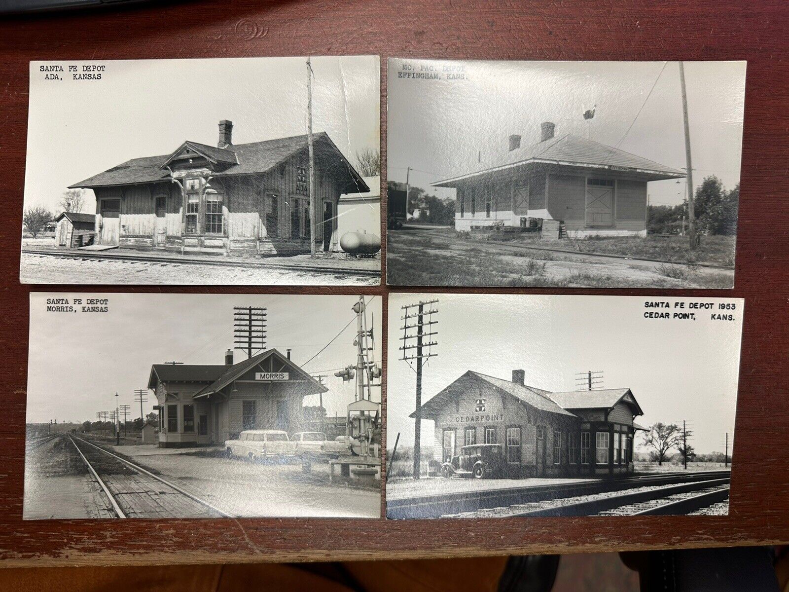 Antique Lot Of 4 Photo Postcard ADA, Morris, Effingham, Cedar Kansas Depot Train
