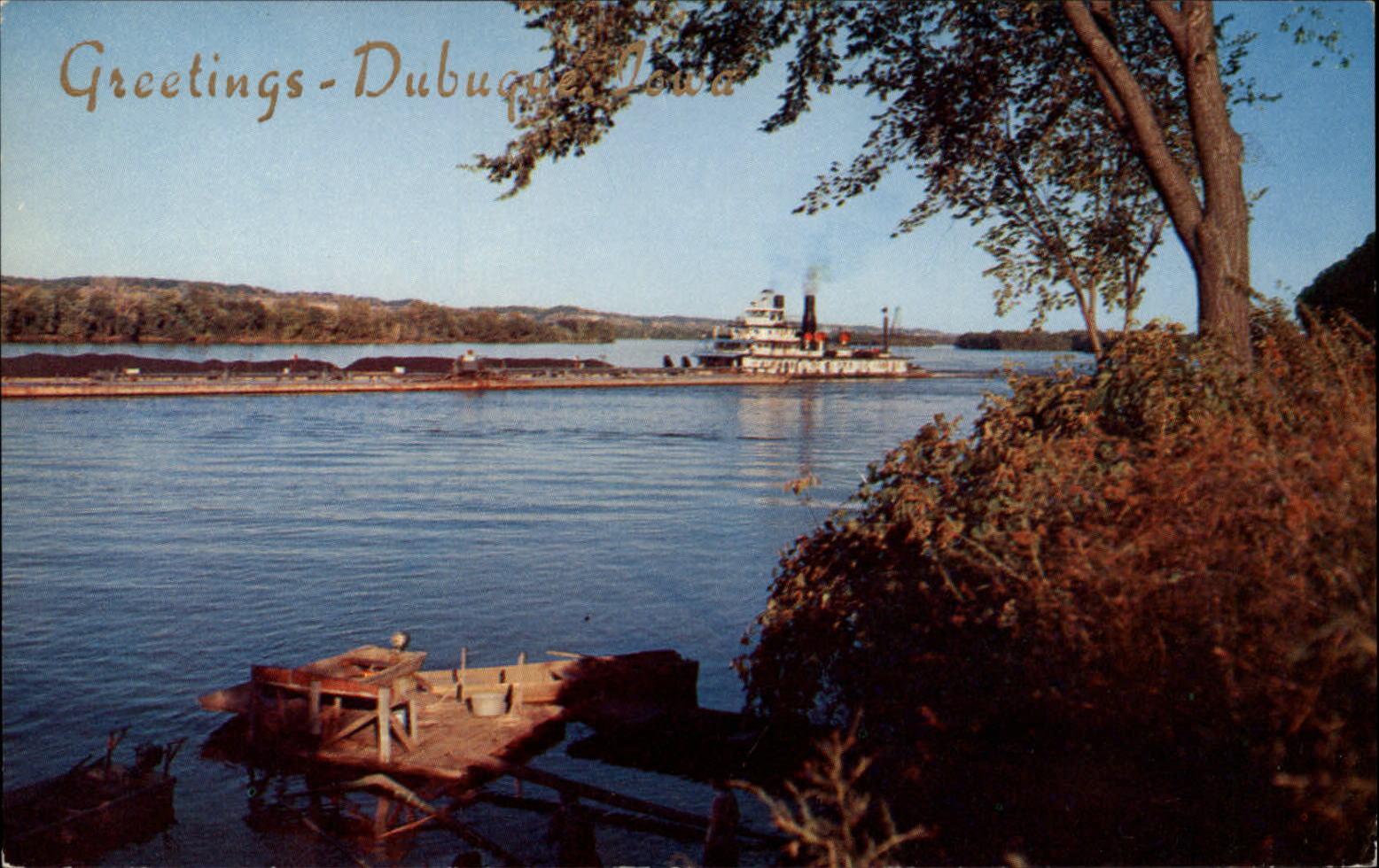 Greetings Dubuque Iowa Mississippi River ship pier ~ 1950s-60s vintage postcard