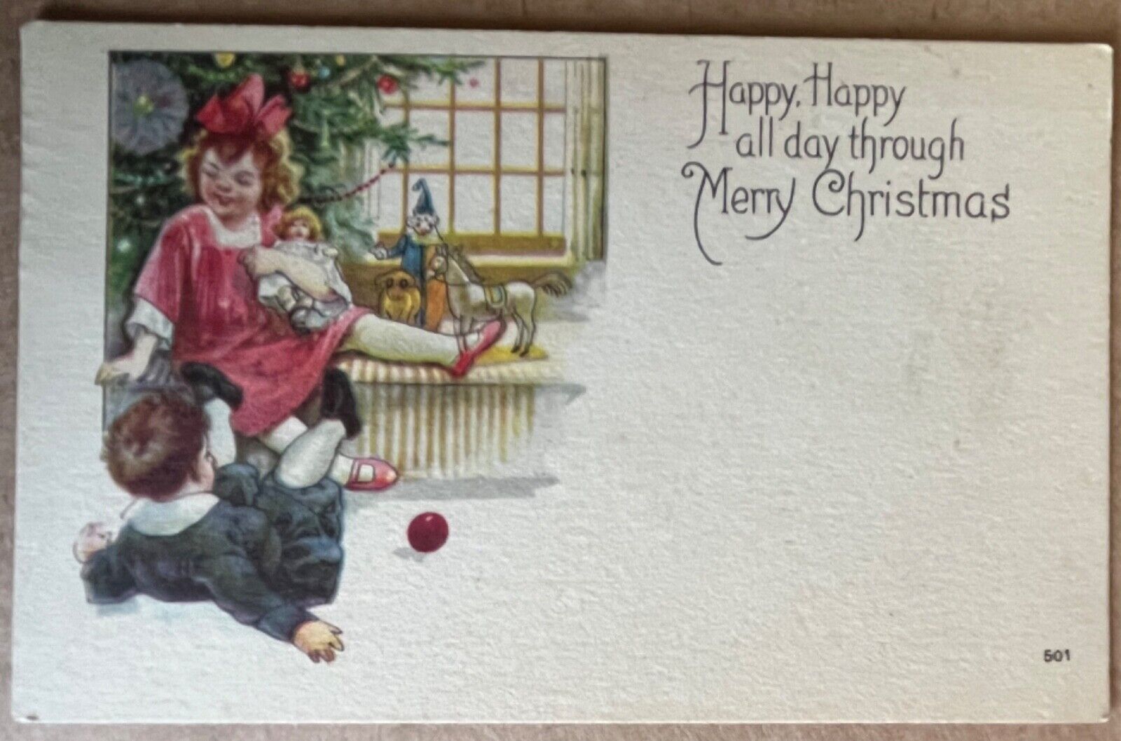 Children with Toys Antique Christmas Postcard c1910