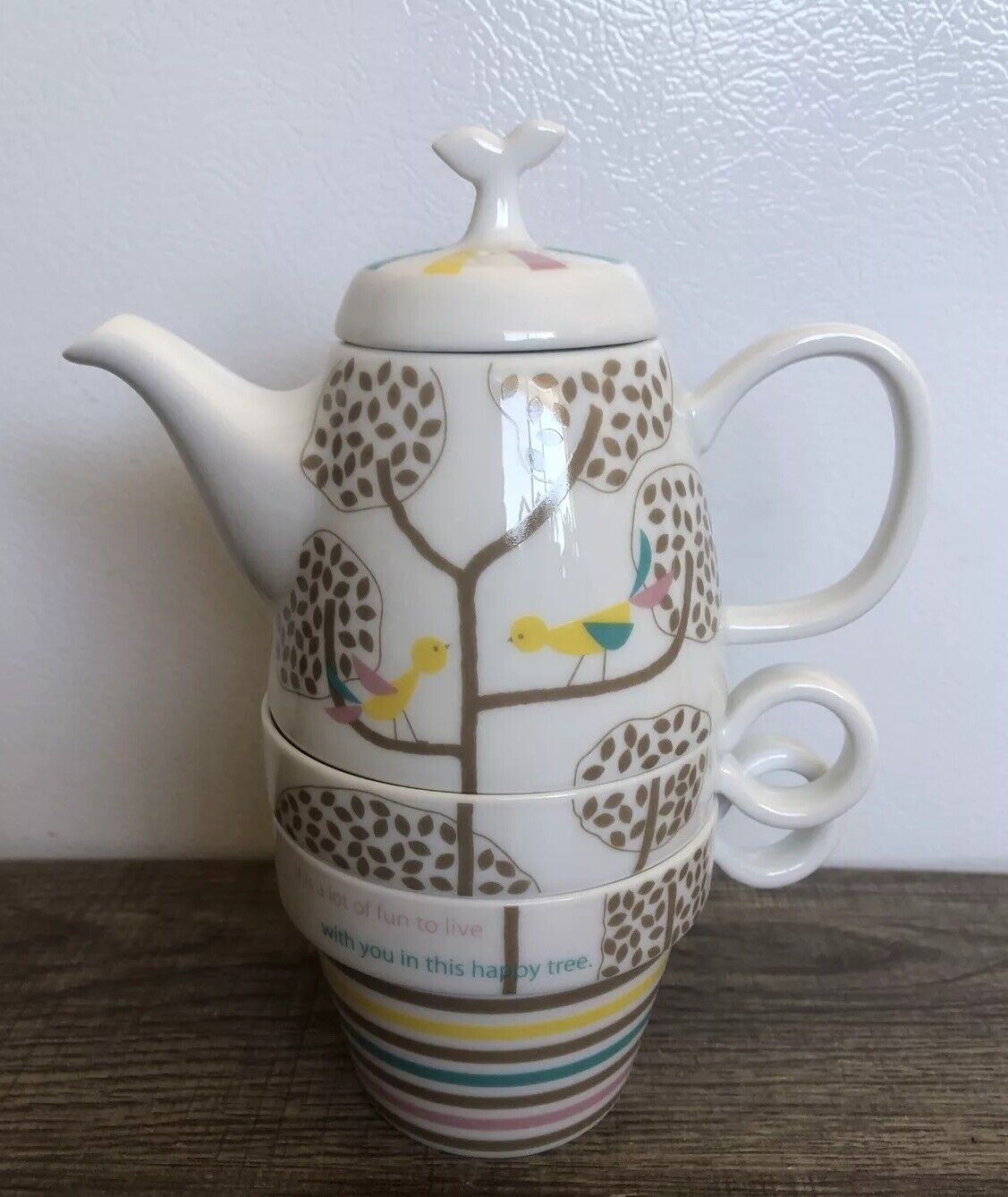 SHINZI KATOH-Tea For 2 Porcelain Teapot and 2 Tea Cups Set Birds And Happy Tree