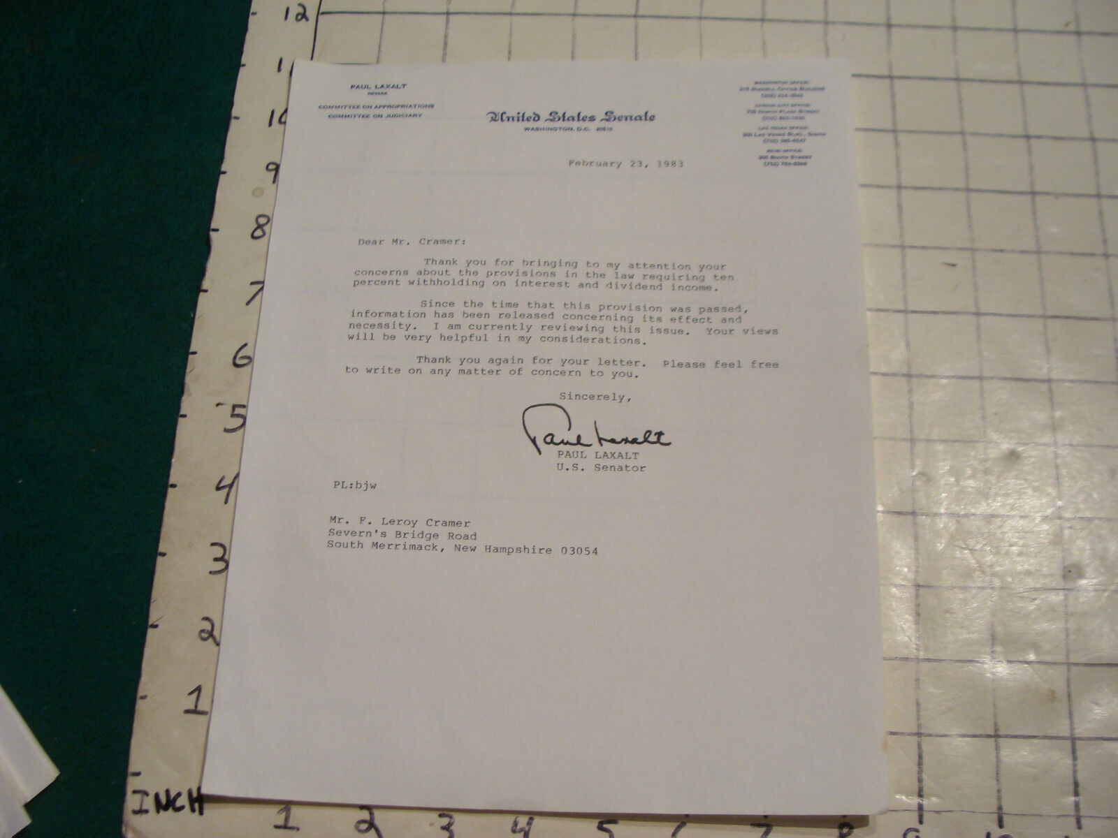 Vintage U S Senate autograph w letter 2-23-1983 PAUL LAXALT on Interest Tax