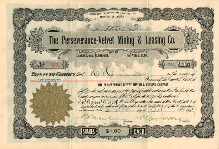 Perseverance-Velvet Mining and Leasing Co. - Mining Stocks