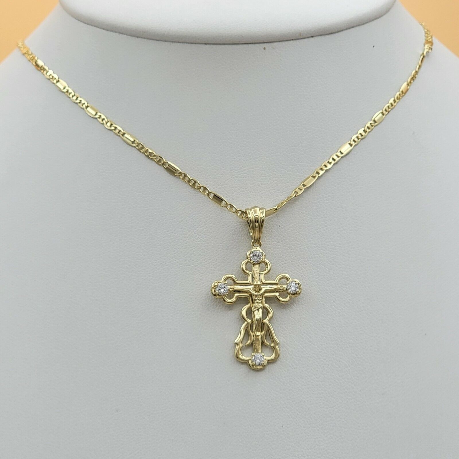 14K Gold Plated Crucifix Cross Pendant Crystal Necklace Chain Set Oro laminado