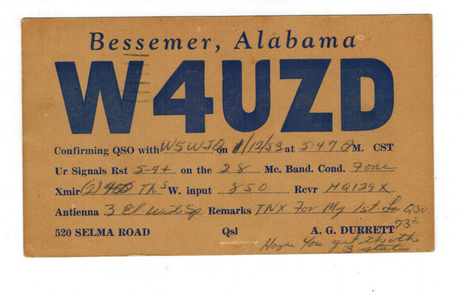 Ham Radio Vintage QSL Card     W4UZD   1953   Bessemer, Alabama