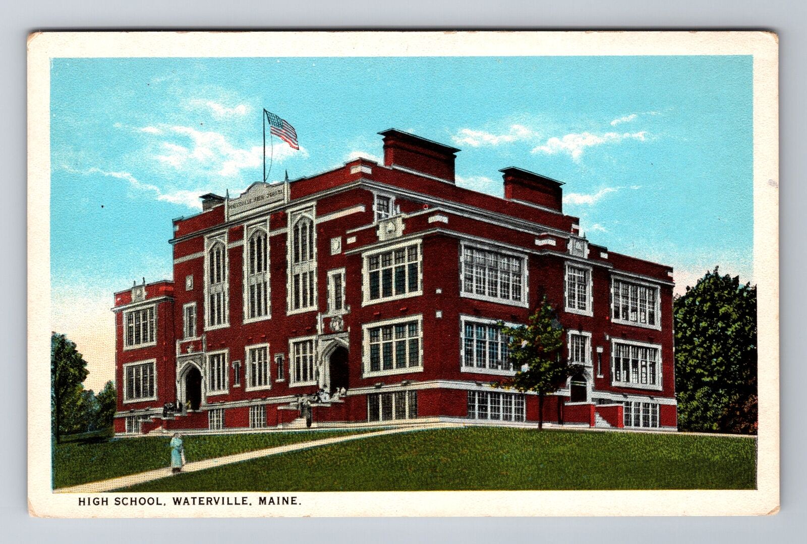 Waterville ME-Maine, High School Building, Antique Vintage Souvenir Postcard